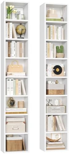 FOTOSOK 2 Pcs 71'' Tall Narrow Bookshelf, 8-Tier Media Tower Rack Set of 2, CD DVD Storage Cabinet with Adjustable Shelves, Tall Narrow Bookcase Skinny Display Bookshelf Slim Shelf, White