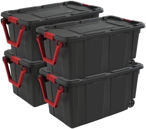 Sterilite 4-Pack Industrial Tote, Heavy-Duty Storage Bins w/Lids and Wheels, 40 Gallon - Stackable Organizing Containers for Home, Garage, Office, and Basement