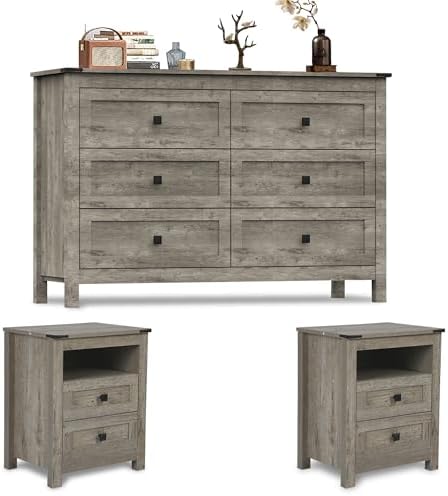 Farmhouse Bedroom Set, 3 Pieces Bedroom Furniture Set, Rustic Wood 6 Drawer Dresser and Nightstands, Chest of Drawers Wide Storage Organizer Cabinet for Bedroom, Light Rustic Grey