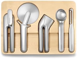 Caraway Kitchen Gadget Set - 5 Piece Kitchen Essentials - Stainless Steel - Includes Can Opener, Pizza Cutter, Garlic Press, Ice Cream Scoop, Vegetable Peeler, and Storage Organizer