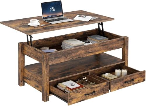 Rolanstar Coffee Table, 47.2" Lift Top Coffee Table with Drawers and Hidden Compartment, Retro Central Table with Wooden Lift Tabletop, for Living Room, Rustic Brown