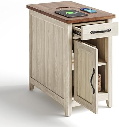 LINSY HOME End Table Set of 2 with Charging Station, Modern Farmhouse Sofa Couch Side Table, Wooden Bedside Table for Living Room Bedroom, Narrow Nightstand with Storage Cabinet for Small Space