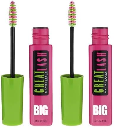 Maybelline Makeup Great Lash BIG Washable Mascara, Very Black Volumizing Mascara, 0.34 fl oz (Pack of 2)