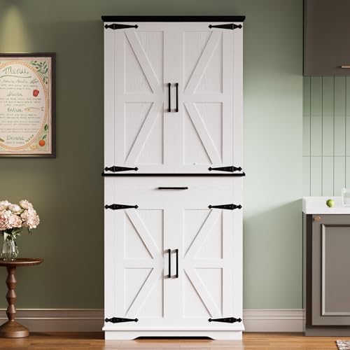 IRONCK Farmhouse Kitchen Pantry Cabinet, Tall Storage Cabinet with 6 Hanging Shelves and Adjustable Shelves, Freestanding Cupboard with Barn Doors for Kitchen, Dining RoomοΌWhite/Black