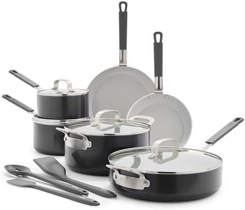 GreenPan x Bobby Flay 13 Piece Nonstick Cookware Pots and Pans Set, PFAS-Free Diamond Ceramic, Induction Suitable, Easy Clean Dishwasher & Oven Safe, Stay-Cool Silicone Handles, Glass Lids, Graphite