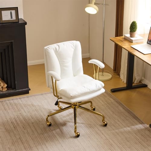 VINGLI Home Office Desk Chair Comfy with Wheels & Removable Armrests,Gold Base Vanity Chair with Back, Adjustable Rolling Swivel Computer Task Chair for Study,Makeup,Office,Bedroom,PU Leather,White