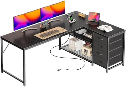 PRAISUN 61" L Shaped Desk with Power Outlets and USB-C Port, Reversible Computer Corner Office Desk with 4 Fabric Drawers and 2 Height-Adjustable Shelves, Large for Gaming Writing Work Study,Black
