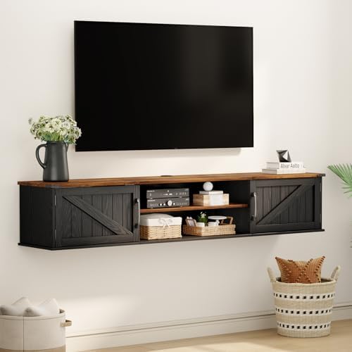 Floating TV Stand with Doors, 63'' Farmhouse Floating TV Shelf for TVs up to 80 Inch, 2 Tier Wall Mounted TV Stand, Floating Entertainment Center, TV Floating Cabinet for Living Room, Bedroom, Black