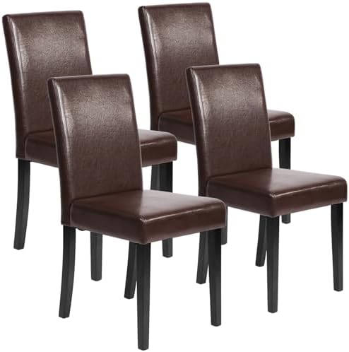 FDW Dining Chairs Set of 4, Dining Room Chairs Kitchen Chairs,Side PU Cushion Chairs with Waterproof Surface and Wood Legs,for Kitchen Restaurant and Living Room,Leather Brown