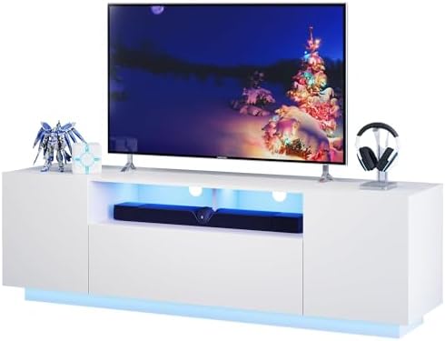 WLIVE TV Stand with LED Lights & Large Storage Cabinet, Modern Entertainment Center for 65 Inchs TV, Sturdy Media Console for Living Room, Bedroom,Gaming(White)