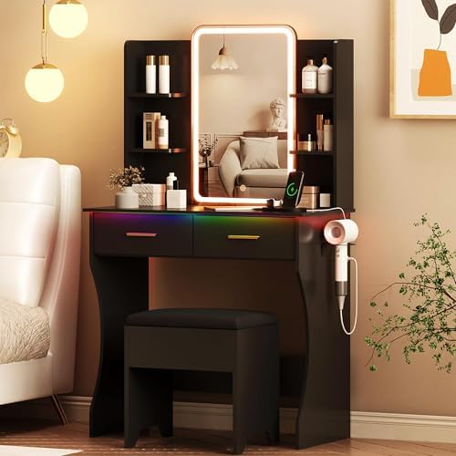 Vanity Desk with LED Lights Mirror & Power Outlet, Small Makeup Vanity Table Set with Storage Drawers & Chair, 3 Lighting Modes & Adjustable Brightness, Dressing Table for Women Girls Bedroom, Black