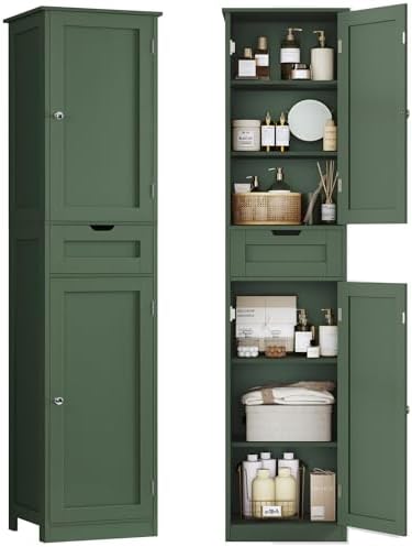 TEENFON Tall Bathroom Cabinet with 2 Doors & 1 Drawer, Narrow Bathroom Storage Cabinet with Adjustable Shelves, for Living Room, Entryway, Kitchen, Forest Green