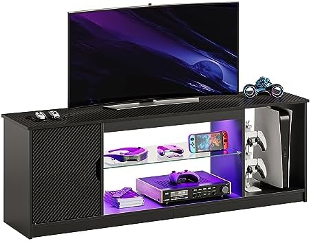 Bestier LED Entertainment Center for PS5, Gaming TV Stand with Cabinet 55/65 Inch TV, Modern TV Console with Adjustable Glass Shelf Living Room Bedroom, Black Carbon Fiber 57"