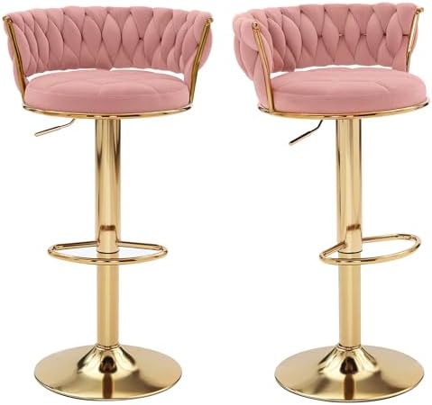 VECELO Bar Stools Set of 2, Adjustable Barstools Counter Height Stools with Back and Arm, Velvet Woven Kitchen Island Stools w/Gold Metal Leg & Base, 360° Swivel Bar Chair, Pink