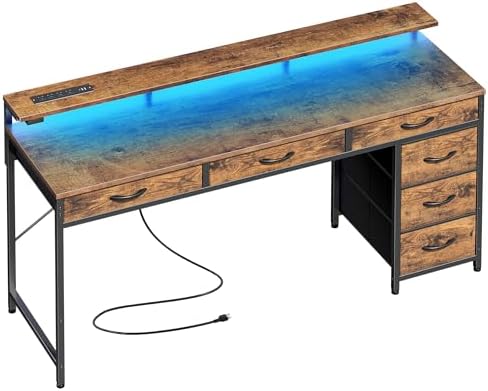 Huuger Gaming Desk with 6 Drawers, Computer Desk with LED Lights Power Outlets and Type-C, 55 Inch Office Desk with Storage, Monitor Stand, Writing Desk Work Desk for Home Office, Study, Rustic Brown