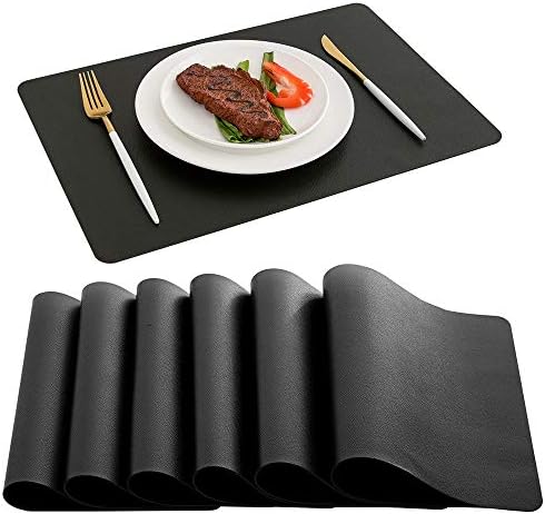 DOLOPL Placemats Set of 6, Black Waterproof Faux Leather Heat Resistant Place Mats for Kitchen Dining Room Table Decorations, Wipeable Table Mats for Indoor & Outdoor Use