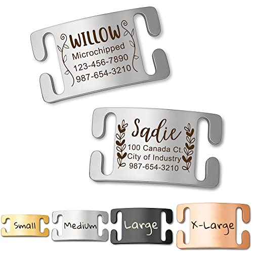 Anavia Slide On Silent Pet ID Tags, Fun Wild Flower Frame Design Personalized Engraved Plated Stainless Steel Cat Dog Name Tags, Glossy Customized Chew-Proof Quiet Dog Collar Tags (Large, Silver)