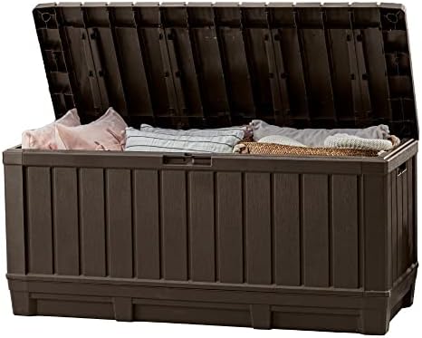 Keter Kentwood 92 Gallon Resin Deck Box-Organization and Storage for Patio Furniture Outdoor Cushions, Throw Pillows, Garden Tools and Pool Floats, Brown