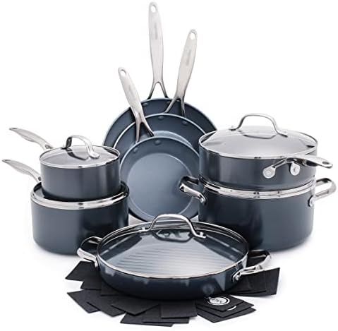 GreenPan 16 Piece Valencia Pro Ceramic Nonstick Cookware Set, PFAS-Free, Induction Ready, Hard Anodized Pots & Pans with Lids, Compatible on All Cooktops, Dishwasher & Oven Safe, Gray