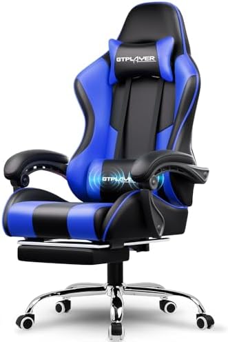GTPLAYER Gaming Chair, Computer Chair with Footrest and Lumbar Support, Height Adjustable Game Chair with 360Β°-Swivel Seat and Headrest and for Office or Gaming (Faux Leather, Blue)