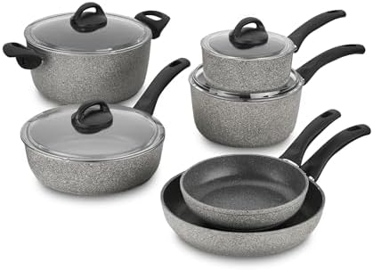 BALLARINI Parma by HENCKELS 10-pc Nonstick Pot and Pan Set, Made in Italy, Set includes fry pans, saucepans, sauté pan and Dutch oven with lid,Gray