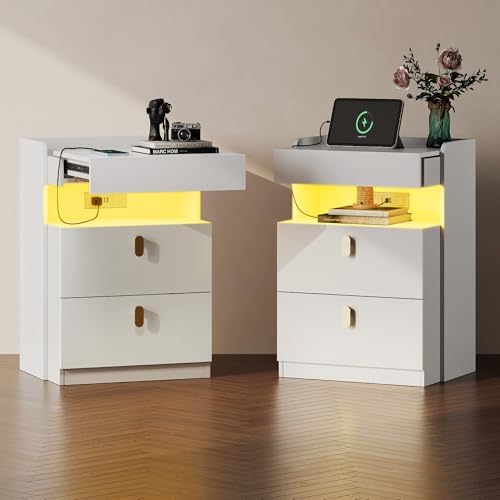 WLIVE White LED Nightstands Set of 2, Modern Night Stand with Charging Station and Sliding Top, Bedside Table with 2 Drawers, End Table Side Table for Bedroom, Living Room, White