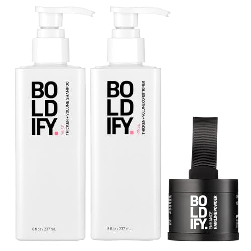 Boldify Hairline Powder + Shampoo + Conditioner: Bundle: Root Touchup Hair Loss Powder and Natural Volumizing Shampoo and Conditioner for Fine Hair (Medium Brown)