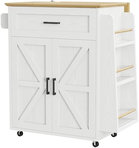IRONCK Kitchen Island Table with Storage, Rolling Kitchen Cart with Power Outlet, Storage Cabinets on Wheels with Drop Leaf, Portable for Dining Room, White