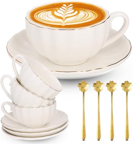 8oz Capuccino Cups Set of 4 – Porcelain Gold Rimmed White 4 Capuccino Cup and Saucer Set & Gold Spoons, Latte Cups, Coffee & Tea Mug and Saucer Set