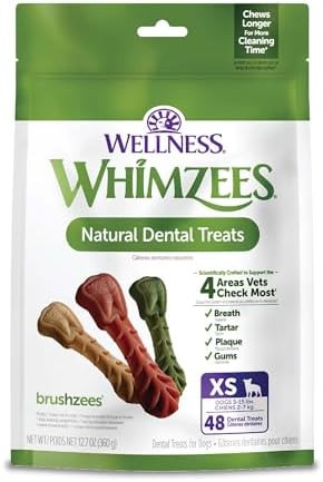 Wellness WHIMZEES Brushzees Dog Dental Treats, Natural Chews, Extra Small Size Stick, (48 Count)