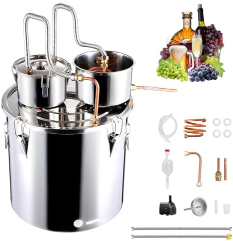 VEVOR Alcohol Still, 13.2Gal / 50L Alcohol Distiller with Thumper Keg, Distillery Kit for Alcohol with Copper Tube, Build-in Thermometer & Water Pump for Wine Whisky Brandy