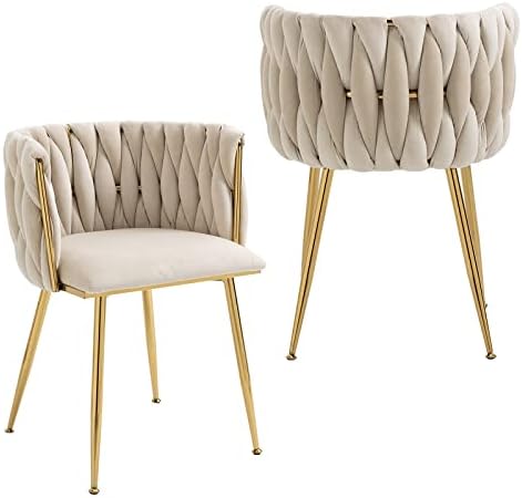 NIOIIKIT Modern Velvet Dining Chairs Hand Weaving Accent Chairs Living Room Chairs Upholstered Side Chair with Golden Metal Legs for Dining Room Kitchen Vanity Living Room (Ivory)