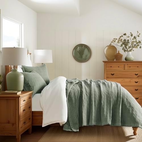 EVERGRACEHOME Stonewashed Cotton Quilt Set King Size, Ultra Soft Oversized Bedspread Coverlet Set, Lightweight Crinkle Box Stitch Bedding Sets for All Season, with 2 Shams, Olive Green