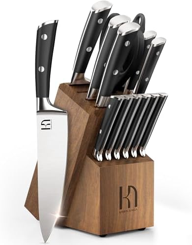 Knife Set, 15 Pcs Kitchen Knife Block Sets with Sharpener, Japanese High Carbon Stainless Steel Set of Knives, Premium Razor Sharp Black Knives Set with Block for Kitchen, Ergonomic Handle