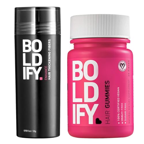Hair Fibers (BLACK) + Biotin Gummies: Boldify Conceal & Glow Bundle: Undetectable & for Men & Women & All Natural, Vegan & Sugar Free