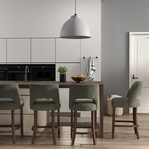 VKNOW Bar Stools Set of 4, Upholstered Counter Height Bar Stools, Modern Counter Stools with Wood Legs for Kitchen Island Dining Room Bar, Green