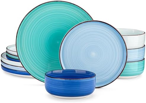 vancasso Bonita Blue Dinnerware Sets, Plates and Bowls Set for 4, 12 Pieces Stoneware Dinnerware Set, Dishwasher and Microwave Safe