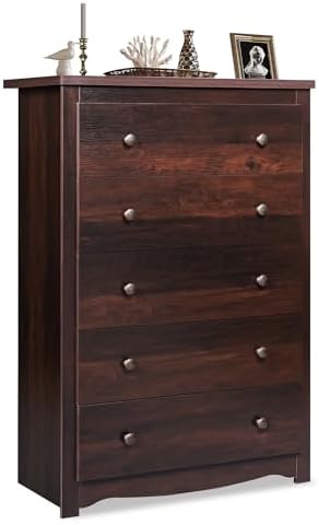 WLIVE Wood Dresser with 5 Drawers, Rustic Brown Wooden Storage Cabinet for Bedroom, Modern Organizer Drawers and Closet Dresser for Hallway, Closet, Measuring 15.75" W*31.50" D*45.35" H