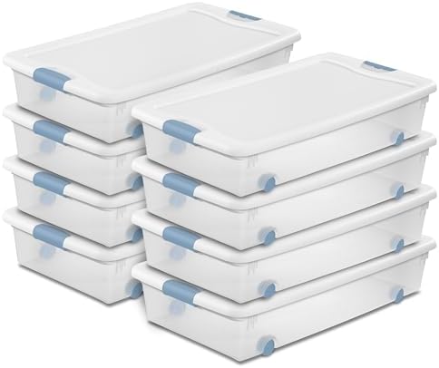 Sterilite 8-Pack Latching Box, Under Bed Storage Bins with Lids, Clear Plastic, 56 Quart - Heavy-Duty Organizing Containers for Closet, Bathroom, and Office
