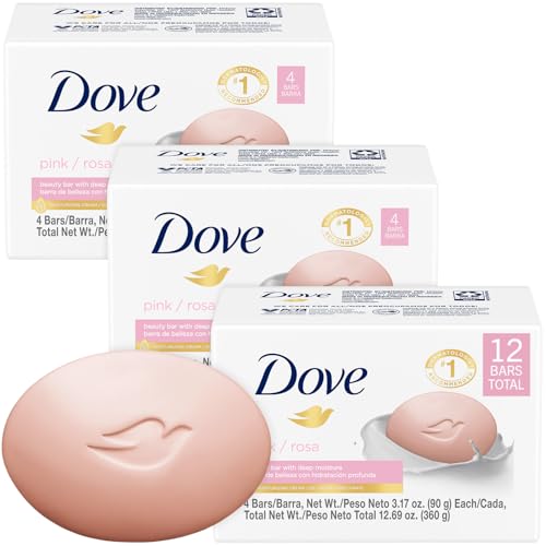 Dove Soap, Pink Beauty Bar 3-Pack (12 Soap Bars) – 3-in-1 Moisturizing Face, Body & Hand Soap, 3.17 Oz Ea