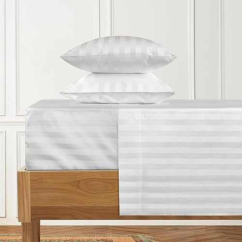 URBANHUT 1000 Thread Count Egyptian Cotton Sheets Damask Striped Queen Size, Long Staple Soft & Breathable, 4 Pc Bed Sheet Sets, Luxury Hotel Sateen Sheets Fits 16" Deep Pocket - White
