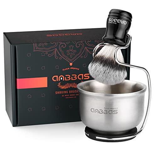 Anbbas Synthetic Badger Hair Shaving Brush,Stainless Steel Shaving Soap Bowl and Higher Brush Holder Stand Set for Men Wet Shave