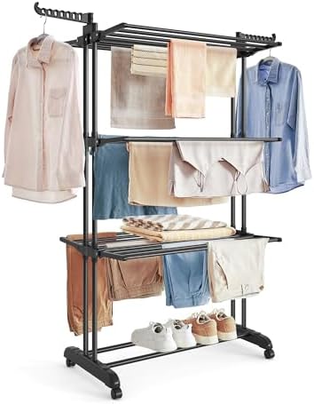 SONGMICS Clothes Drying Rack Stand 4-Tier, Foldable Laundry Drying Rack 68.1-Inch Tall, Stainless Steel, Rolling Clothes Horses Dryer Rack, Easy to Assemble, Indoor Outdoor Use, Ink Black ULLR701B01