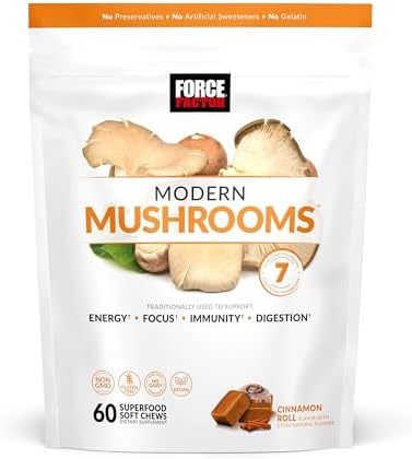 Force Factor Modern Mushrooms Soft Chews, Mushroom Supplement with Lions Mane, Turkey Tail, & Cordyceps to Support Energy, Focus, Immunity, & Digestion, Cinnamon Roll, 60 Soft Chews