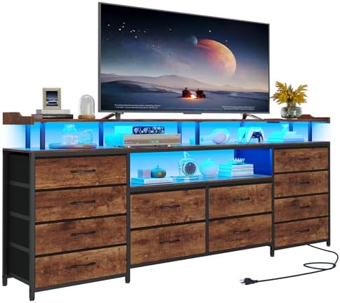 TV Stand Dresser for 65 Inch TV, 63" W Dresser with LED Lights & Power Outlets, Rustic Brown Long Dresser with 12 Fabric Drawers, Entertainment Center with Shelves,for Bedroom