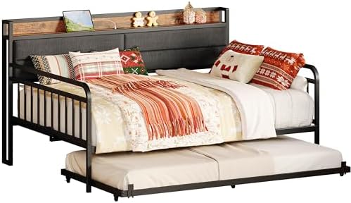 LIKIMIO Daybed with Trundle, Sturdy Metal Full Size Bed Frame with Upholstered Headboard and Charging Station for Living Room, Bedroom and Guest Room, Black