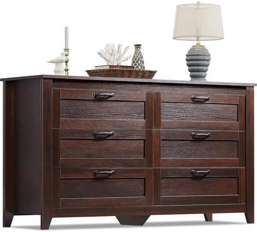 WLIVE Wood Dresser for Bedroom, Double 6 Drawer Dresser with Metal Handle, Large Wooden Chest of Drawers for Living Room, Hallway, Closet, Rustic Brown