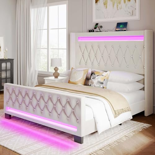 Rolanstar Queen Bed Frame with LED Light and Charging Station, Upholstered High Headboard and Footboard, Wood Slats, Noise Free, Easy Assembly, Beige