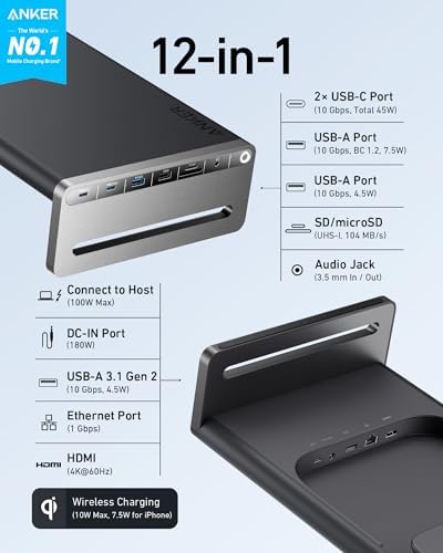 Anker 675 USB-C Docking Station (12-in-1, Monitor Stand, Wireless) with 10Gbps USB-C Ports, 4K@60Hz HDMI Display, Wireless Charging Pad, for Lenovo ThinkPad, MacBook Pro M1 / M2 and More