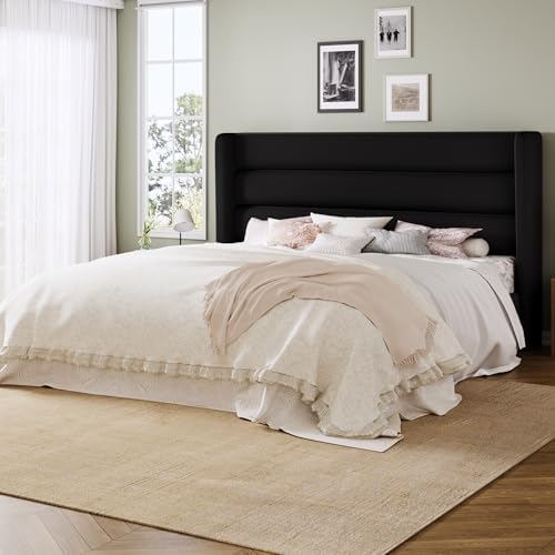Allewie Queen Size Platform Bed Frame with Velvet Upholstered Wingback Headboard, No Box Spring Needed, Under Bed Storage Space, Strong Wooden Slats, Modern Mattress Foundation, Easy Assembly, Black